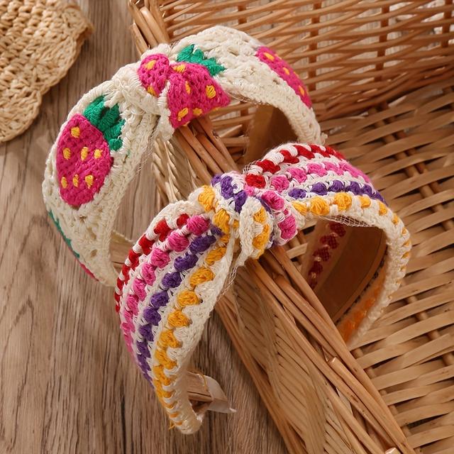 TEMU Set Of 2 Bohemian Style Handmade Crochet Knit Headbands With Colorful Vintage Patterns, Featuring Wide Edges, Floral Designs, And Strawberry , Perfect For Women's Casual Fashion
