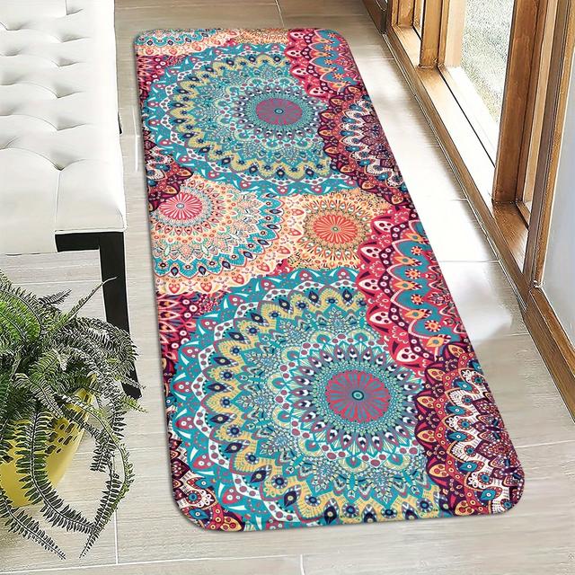 TEMU Mandala Pattern Non-slip Washable Polyester Door Mat Set - Machine Made Indoor Entrance Rugs For Entryway, Kitchen, Bathroom, And Laundry Room - Thick And Durable Floor Mats