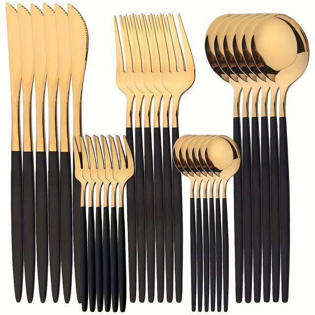 TEMU A 30pcs Stainless Steel Cutlery Set - Elegant Utensils With A , Dishwasher Safe, Including Forks, Knives, And Spoons - A Durable Collection Of Tableware.
