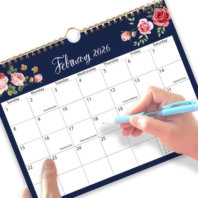 TEMU 2026-2027 Wall Calendar - 18 Month Calendar Runs From 2026 To 2027, 8.5" X 11", Us Holidays + Jewish Holidays, Twin-wire Binding + Hanging Hook + Thick Paper, Floral
