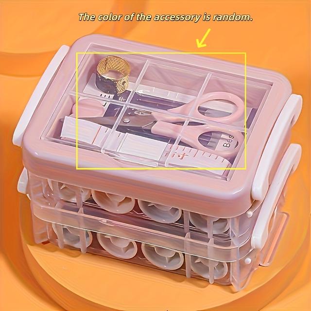 TEMU Portable 3-layer Sewing Kit With Transparent Storage Box - Includes Mini Scissors, Buttons, And Thread - Fabric Organizer For , Sewing Storage