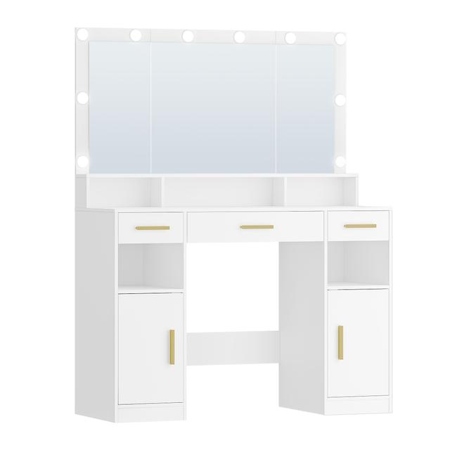 TEMU Dressing Table With Large Mirror, Large Dressing Table With Drawers, Dressing Table, 3 Drawers, 2 Storage Cabinets, 5 Open Compartments, 40 × 108 × 140 Cm, White