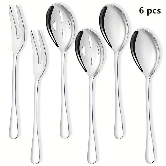 TEMU A Large Service Set Consisting Of 6pcs, Including 2 Serving Spoons, 2 Slotted Serving Spoons, And 2 Serving Forks, Made Of Stainless Steel, Suitable For Parties, Buffets, Banquets, And Cooking.