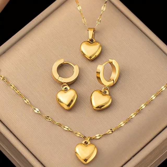 TEMU Stainless Steel Metal Heart Necklace Bracelet Earring Set For Women, Fashionable And Luxurious Peach Heart Jewelry Accessories, Durable Gift For Ladies