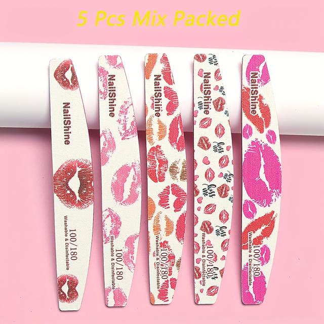 TEMU A Set Of 5 High-quality Reusable Nail Files With A Grit Of 100/180, Featuring Printed Lips, Perfect For Acrylic Nail Shaping And Polishing, Ideal As A Valentine's Gift For, Salons, Or Projects