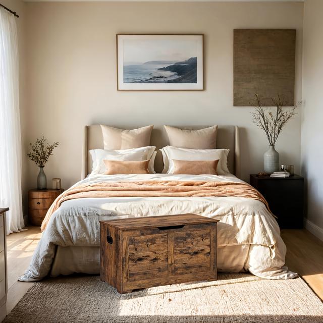 TEMU Storage Chest & Bench - Retro Trunk With 2-safety Hinges, Freestanding Storage For Living Room, Rustic Wood Trunk, Suitable For Hallway, Living Room, Rustic Brown