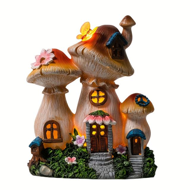 TEMU Solar Garden Statue Lights Mushroom House Figurine, Outdoor Garden Ornaments Decoration, Outdoor Resin Solar Small House Balcony Garden Lights, For Outdoor Lawn Garden Balcony Decoration