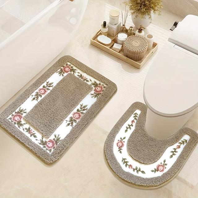 TEMU Set Of 2 Rose-themed Bathroom Rugs, Rectangular Mats For Bedroom Entrances, Toilet Mats, Non-slip Foot Mats, And Bathroom Door Mats