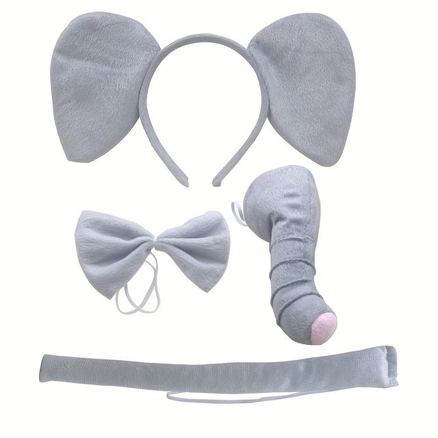 TEMU 4pcs Unisex Elephant Costume Accessory Kit - Textured Relaxed Hair Compatible, Unscented, Includes Ears Headband, Nose, Tail, Bow Tie, Ideal For Role Play, Halloween, Christmas, Birthday Parties