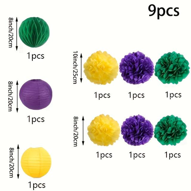TEMU 9-pack Mardi Gras Party Decorations, Purple Green Yellow Tissue Paper Lanterns And Pom Poms, Use Festive Decor For Birthday And Carnival Celebrations, Paper Craft Supplies, No Electricity Needed