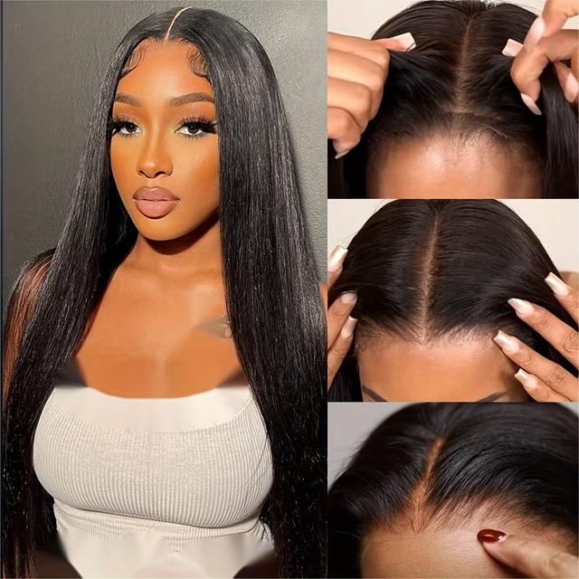 TEMU Perruque en Cheveux Humains Brésiliens Droits à de 150% - Perruque en Dentelle 4x4 Colle avec Ligne des Cheveux Pré-Epilée, Facile à et Retirer, Naturel