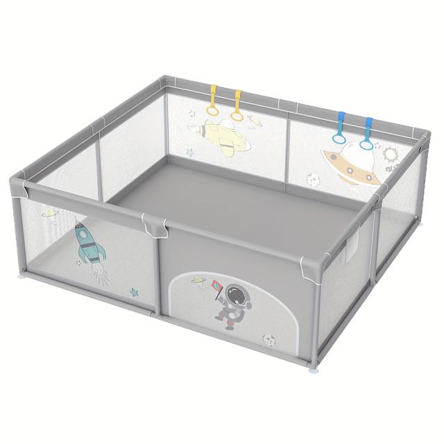 TEMU Portable Play Area For Kids Featuring A Breathable Net, Designed For Indoor And Outdoor Use, With Patterns. In Large Sizes: 127x127cm, 150x180cm, And 180x200cm, In Gray