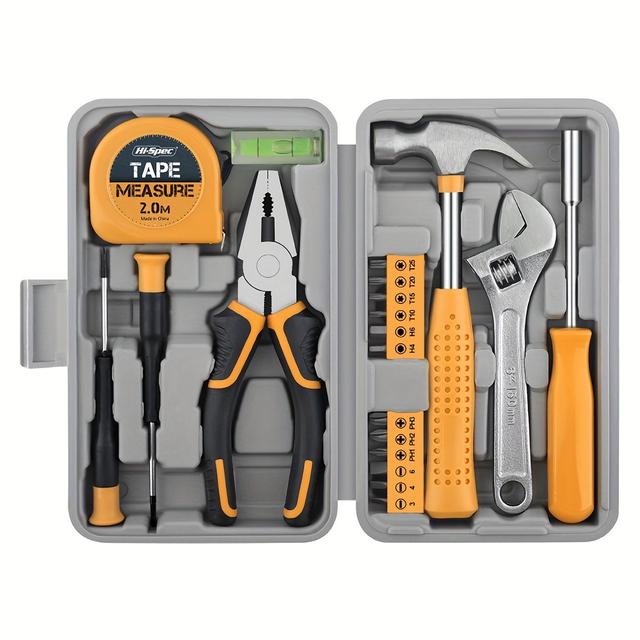 TEMU 20 قطعة مجموعة أدوات يدوية - صندوق أدوات بلاستيكي أصفر ، بدون كهرباء أو بطارية، مصنوع من مادة بلاستيك متينة، تشمل جميع الأدوات الأساسية، مثالي للشقق الجامعية والغرف الفردية، مناسب للنساء