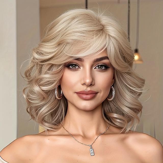 TEMU White Golden Bangs, Short Curly Hair, Layered Effect Fiber Wig, Headband, Ladies' Music Festival Temperament, Valentine's Day, Daily Leisure Party
