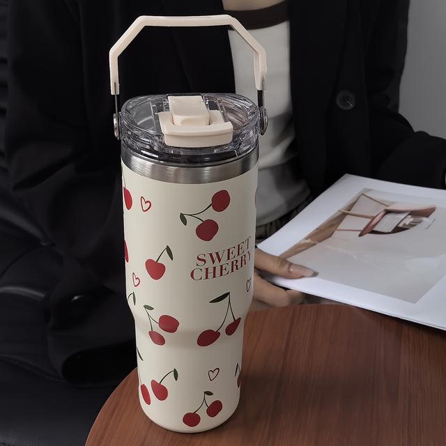 TEMU كوب معزول Heart 33.44oz مع قشة ومقبض - من الفولاذ المقاوم للصدأ، قابل لإعادة الاستخدام، مثالي للسفر، الجيم، الأنشطة الخارجية - فتحتان للشرب، هدية مثالية للعطلات