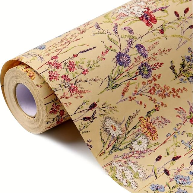 TEMU 1 لفة ورق تغليف بتصميم زهور برية، 17 بوصة × 32.8 قدم، ورق كرافت مناسب لهدايا النساء، أعياد الميلاد، حفلات الزفاف، وحفلات الخطوبة