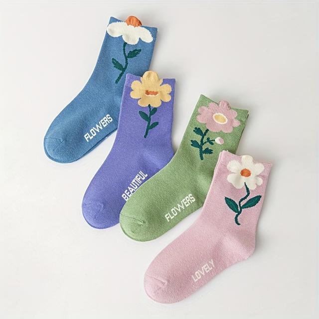TEMU 4pairs/set Girls' Spring Flower And Fashion Letter Print Comfortable Crew Socks, Suitable For Daily Wear Mid-calf Socks, All