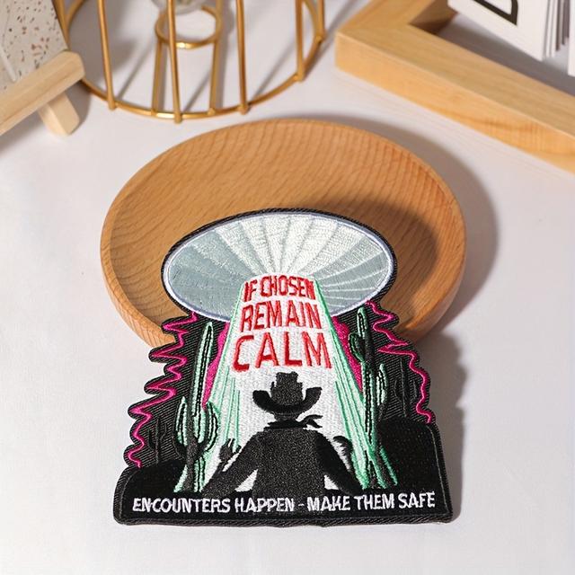 TEMU 1pc Fabric Nightlight Ufo Embroidered Patch - , Stay Calm, Make Them Safe, Suitable For Men's Clothing, Jackets, Jeans, Backpacks, Diy Decorations