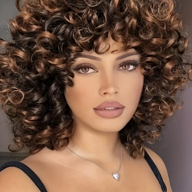 TEMU Women's Afro Curly Wig With Bangs 14 Inch 180% Density Heat Resistant Synthetic Hair - Ombre Glueless Wig For, Elegant Big Curly Style For Daily, Party, Cosplay, Party Accessory,
