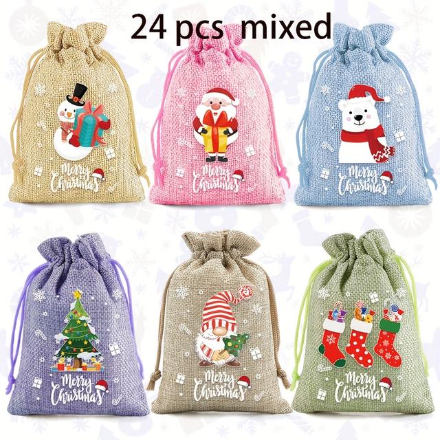 TEMU Set Of 24 Festive Burlap Gift Bags Featuring Santa And Snowman Designs, Perfect For Wrapping Christmas Gifts And Party Favors In Vibrant Colors.