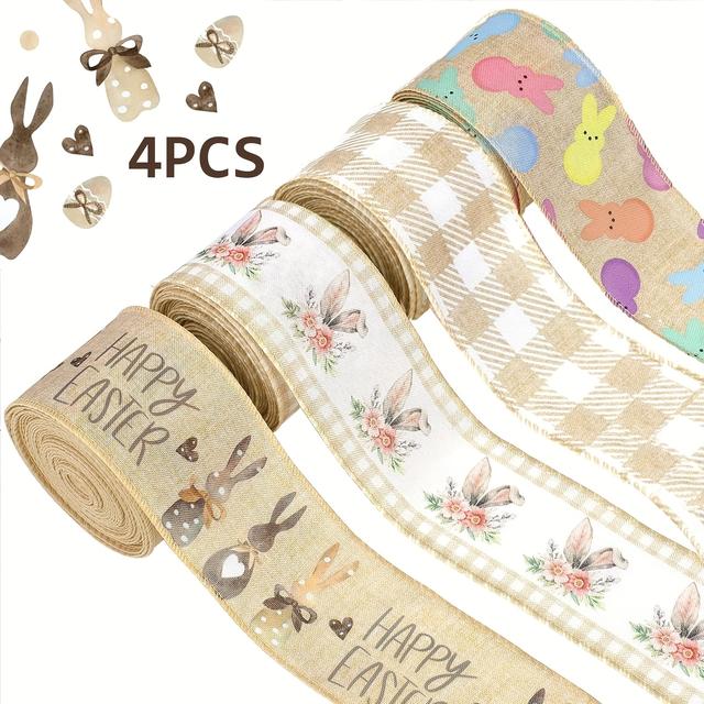 TEMU 4pcs Easter Wired Edge Ribbon Farmhouse Easter Rabbit Burlap Ribbon 6.35cm Plaid Simple Wired Ribbon Suitable For Easter Holiday Gift Packaging Wreath Bow Decoration Diy Craft