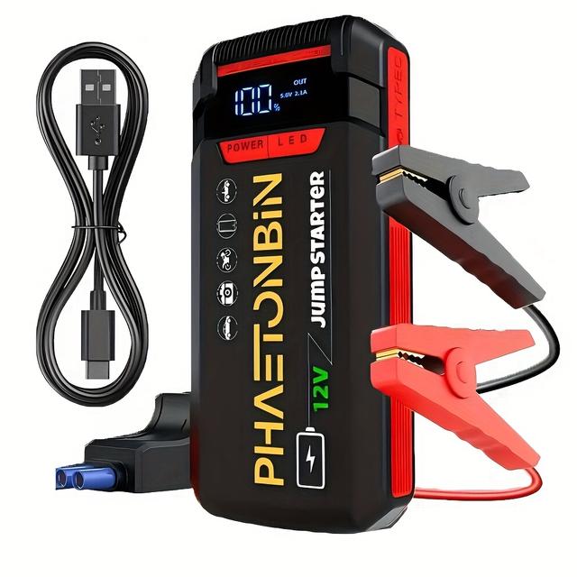 TEMU Startkabel-Starthilfe für bis zu 7,0L Benzin- 5,5L Dieselmotoren, 12V Batterieladegerät, Starthilfe mit USB-Anschluss, wiederaufladbare Batterie, Aufbewahrungstasche LED-Beleuchtung