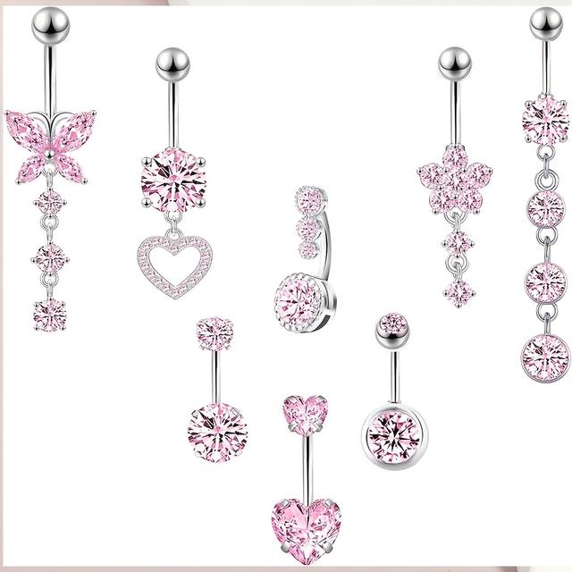 TEMU 8pcs Dangle Belly Button Rings Button Piercing Set Surgical Steel Navel Piercing Jewelry Heart Flower Navel Belly Rings For Women Daily Sexy Wear Party Gift For Friend Packing With Box