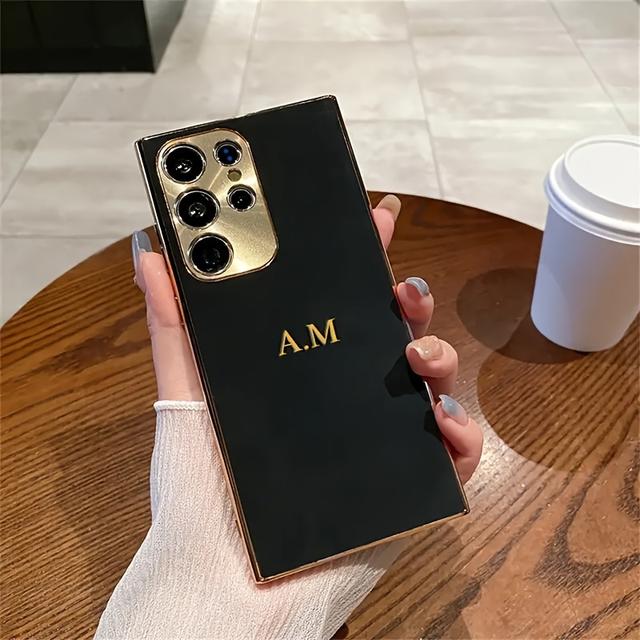 TEMU Funda para móvil: Personalizada con letras doradas para Galaxy S22 S23 S24 , recubrimiento antigolpes, borde de cuero PU de piel de cordero, protección para lente