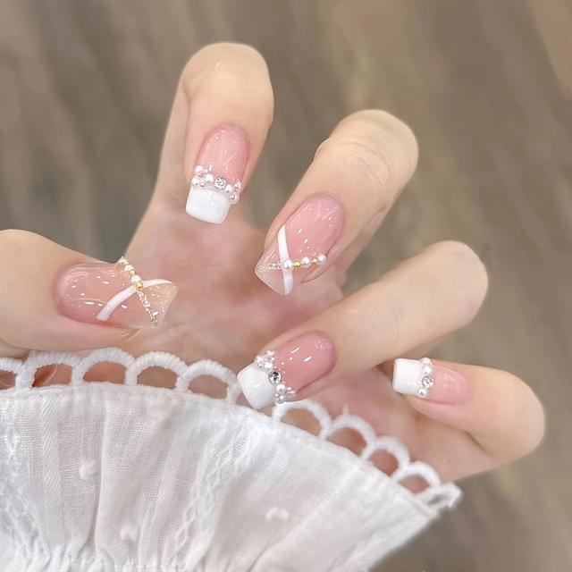 TEMU 10 Stück Handgefertigte Ballerina-Press-On-Nägel in Nude mit Akzenten & Strass - Glänzende French Tip Künstliche Nägel für Frauen, für den & Salon | Brautnägel | Hochzeitsnägel