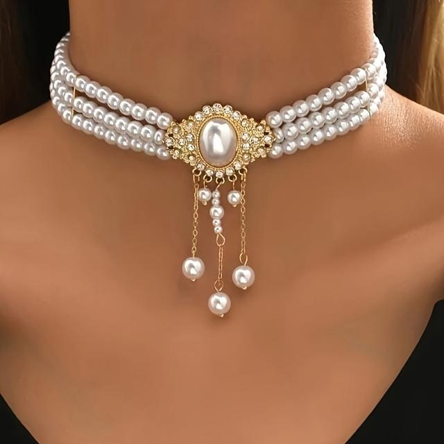 TEMU Elegant Vintage Oval Pearl Tassel Decorative Necklace Style Neck Jewelry Gift