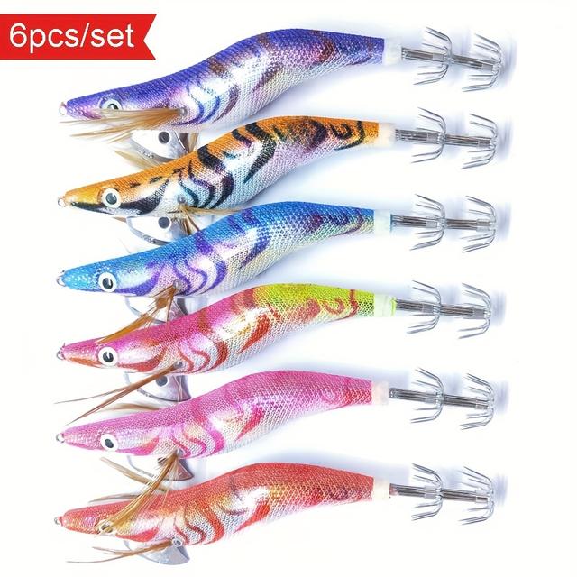 TEMU 6pcs Avlcoaky Laser Wooden Shrimp Squid Hooks - 10cm/12g, Stainless Steel & Abs, Colorful Artificial Bait For Saltwater Fishing, Ideal For Catching Bass, & More