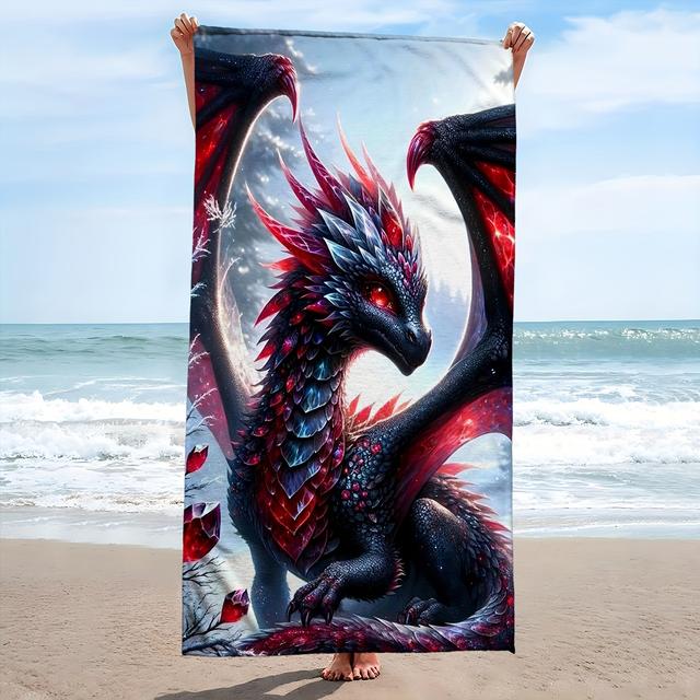 TEMU Microfiber Beach Towel With Dragon Print - Contemporary Style, Super Absorbent Hand Wash Only Bath Towel, Ideal For Swimming, Yoga, Camping - Fantasy Theme Knit Fabric Towel, 250gsm