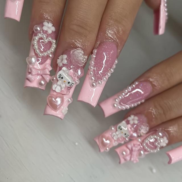 TEMU Get With 24pcs Long Square Water Pipe Nails Y2k Three-dimensional Cute For Hello Kitty Design, Heart Bow Decoration, Pink French Edge Full Coverage False Nail Sticker Set For Women &