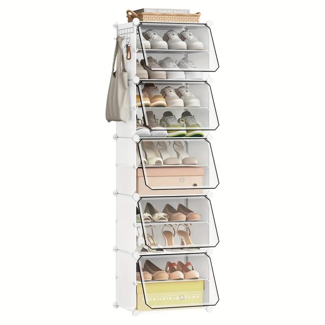 TEMU 1pc Of Shoe Storage Boxes, Organizer For Shoes, Stackable Design, Modular Panels, Shoe Rack Made Of Plastic, Includes Hooks And A Door, Space- Storage Solution, Dimensions 40x150x30cm
