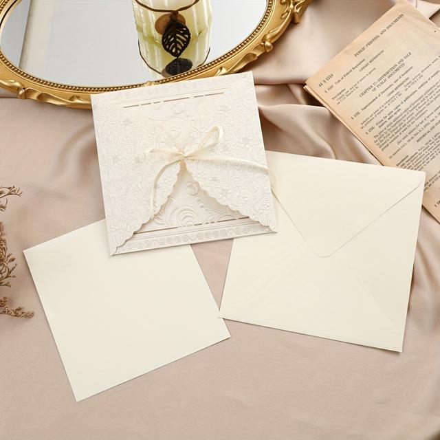 TEMU Conjunto Elegante de Convites de Casamento com Entalhado Quadrado, Cartões Internos e Bolsas para Envelopes - Ideal para Aniversários, Casamentos e Festas - Decoração e Suprimentos para
