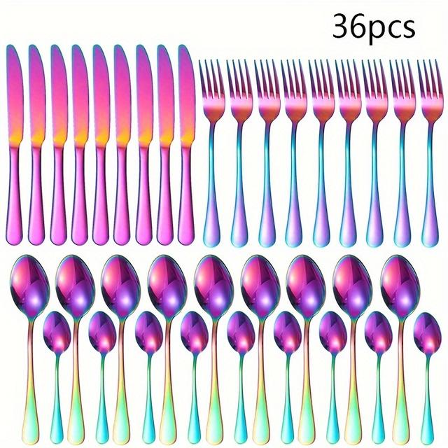 TEMU 36-teiliges Edelstahl Premium Spiegelglanz 1010 Serie Western Besteckset - Steakmesser, Gabeln, Löffel, Dessertlöffel, Lebensmittelecht Spülmaschinenfest für Zuhause, Restaurant, Hotel, Buffet,