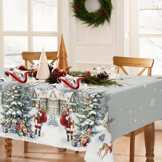 TEMU Festive Christmas Tablecloth With Santa & Print – Polyester Rectangular Cover For Indoor/outdoor Holiday Dining, Parties, And Dinners, Christmas Decor