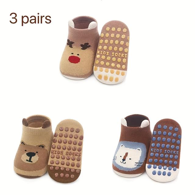TEMU 3-balení protiskluzových ponožek na podlahu s kreslenými zvířátky | a elastanem, pratelné v pračce, celoroční kotníkové ponožky pro batolata