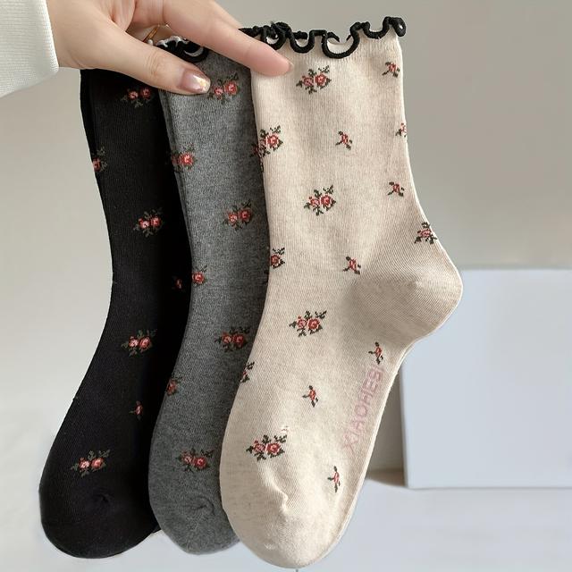 TEMU 3 Pairs Hopus Women&;s Vintage Floral Print Mid-calf Socks With Scalloped Lace Trim - Soft Casual Fall Winter Socks In Black, Grey & Beige