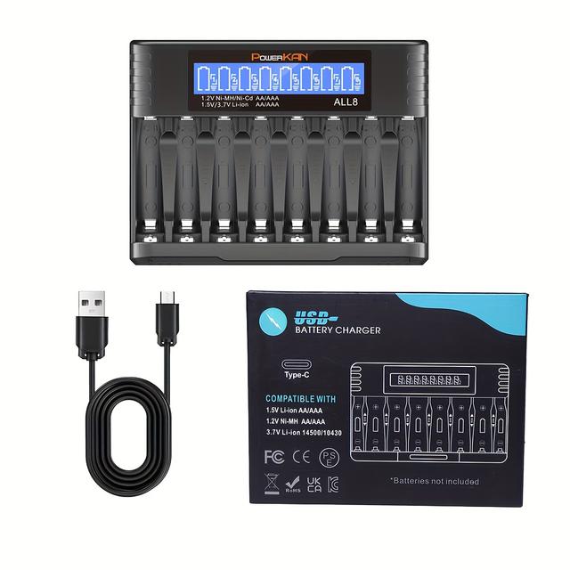 TEMU Powerkan 8-slot Smart Battery Charger With Lcd Display & Usb-c Cable - Fast 8-slot Charger For Aa Aaa Ni-mh/ni-cd/li-ion, For /office (compatible With 1.2v/1.5v/3.7v Rechargeables)