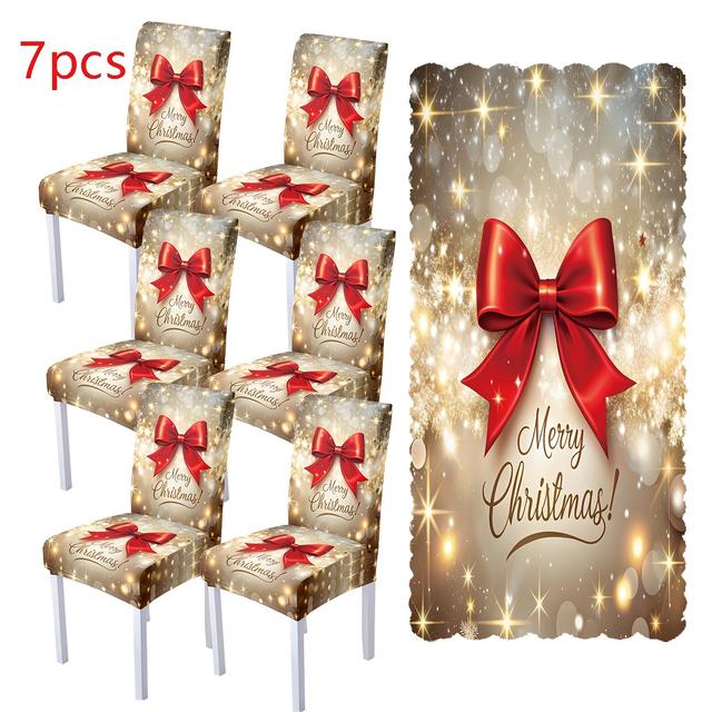 TEMU Weihnachtsdruck Tischdecke Stuhlbezug 7-teiliges Set, inklusive 1 Tischdecke + 6 abnehmbare waschbare Stuhlbezüge. Ideal für Weihnachtsdekoration, pflegeleicht wiederverwendbar
