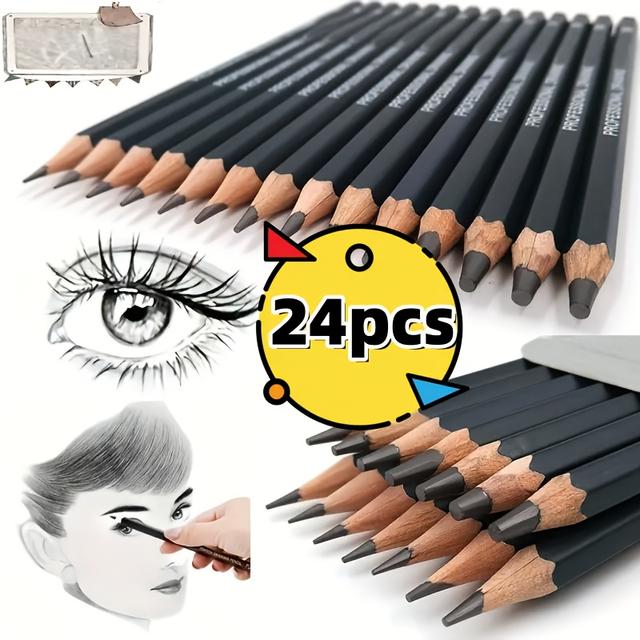 TEMU 24pcs Professional Sketch Pencil Set High-quality Durable Wood With Graduated Hardness (2h To 8b) – , Shading, Beginners & Professional Artists