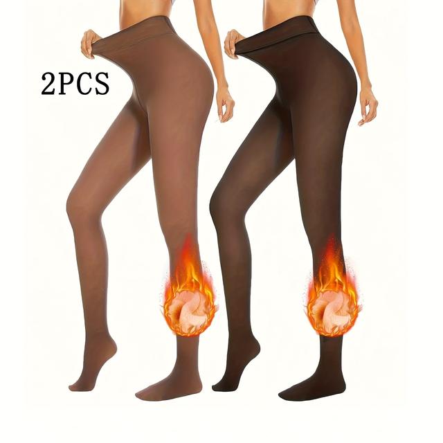 TEMU 2pcs Women's Fleece-lined Tights, Warm Close-fitting Leggings, High-waisted, Autumn And Winter Translucent And Fleece-thick Tights