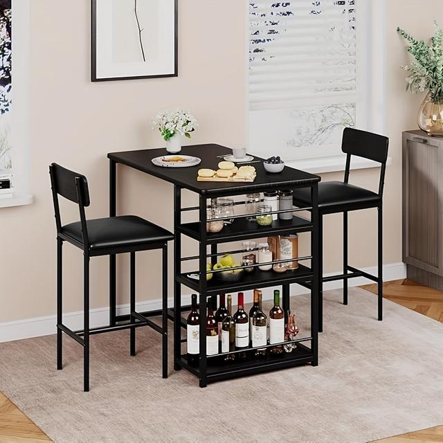 TEMU Set Of 3 Dining Furniture, Elevated Kitchen Table With 2 Padded Bar Stools, Dining Table And Chair Ensemble With Storage Shelves, Ideal For Compact Areas And Apartments