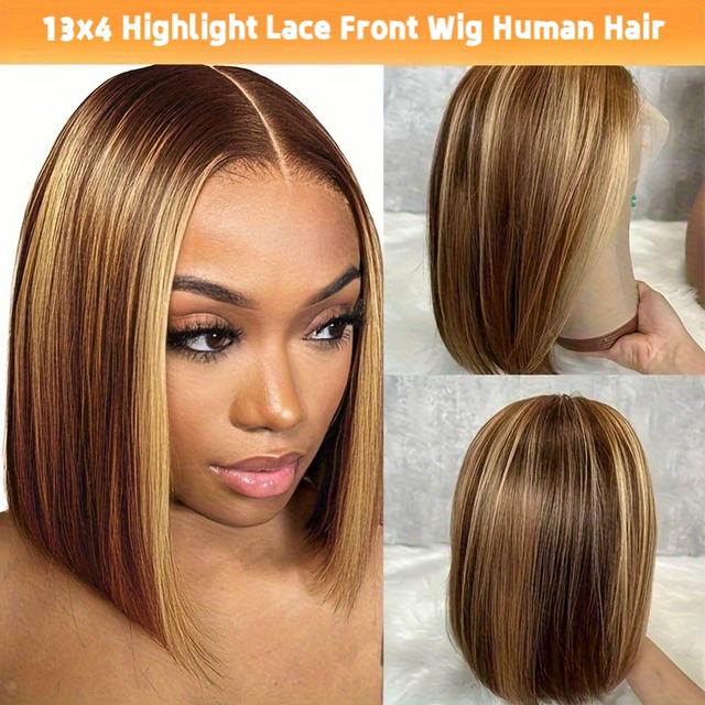 TEMU 4/27 Highlight Bob Wigs Human Hair 180 Density Straight 13x4 Hd Lace Front Wigs For Women Highlight Ombre Lace Front Wigs Short Straight Bob Wig With Baby Hair