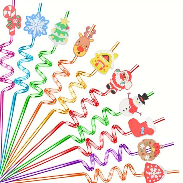 TEMU 10pcs Festive Christmas Party Straws - Reusable Spiral Plastic Drink Straws With Colorful Holiday Decorations, Including Candy Canes, Snowflakes, Reindeer & Santa - Seasonal Celebrations