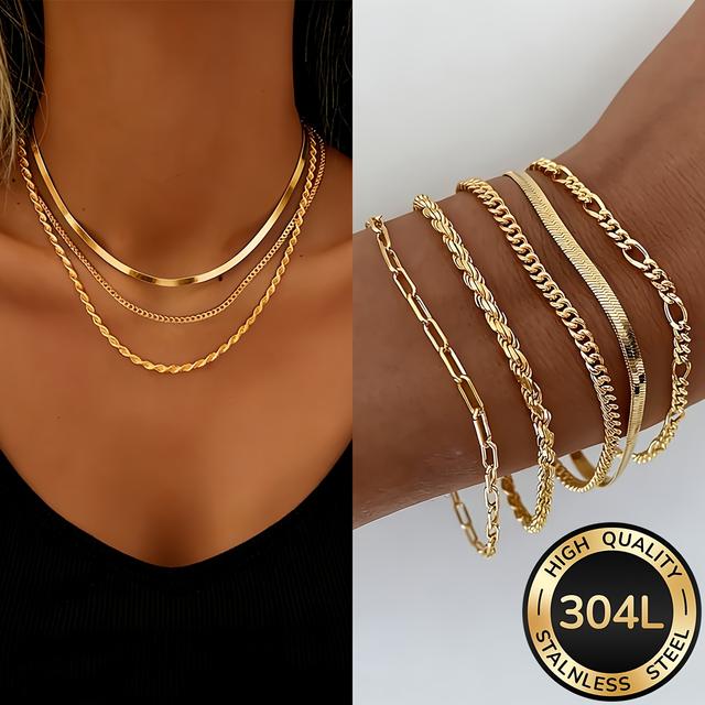 TEMU 8pcs Women's Set Of Stainless Steel Bracelets And Necklaces With Plating