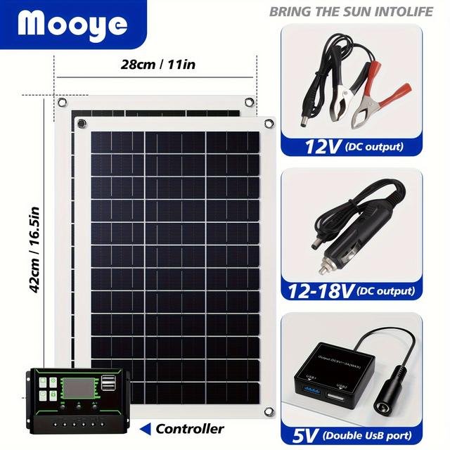 TEMU Mooye 2x50w Solar Panel, Portable And Lightweight, With 60a Controller, Support Usb Port Charging, Suitable For Outdoor Travel, Camping, Picnic, Mountaineering