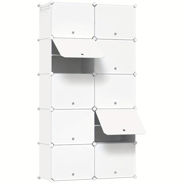 TEMU 1pc Shoe Boxes, Shoe Rack, Modular Panel Shoe Organizer, Shoe Rack With 10 Compartments For 40 Shoes, With Doors And Hooks, Made Of Plastic, White/white+ Black, 35 X 35 X 45cm