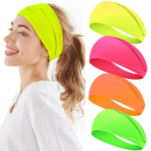 TEMU [4pcs Fluorescent Sweat-wicking Headbands] 4-pack Minimalist Style Fluorescent Headbands For Women, Elastic Sweat-wicking Yoga Sports Hair Bands, Non-feathered Solid Color, Birthday Gift Ready
